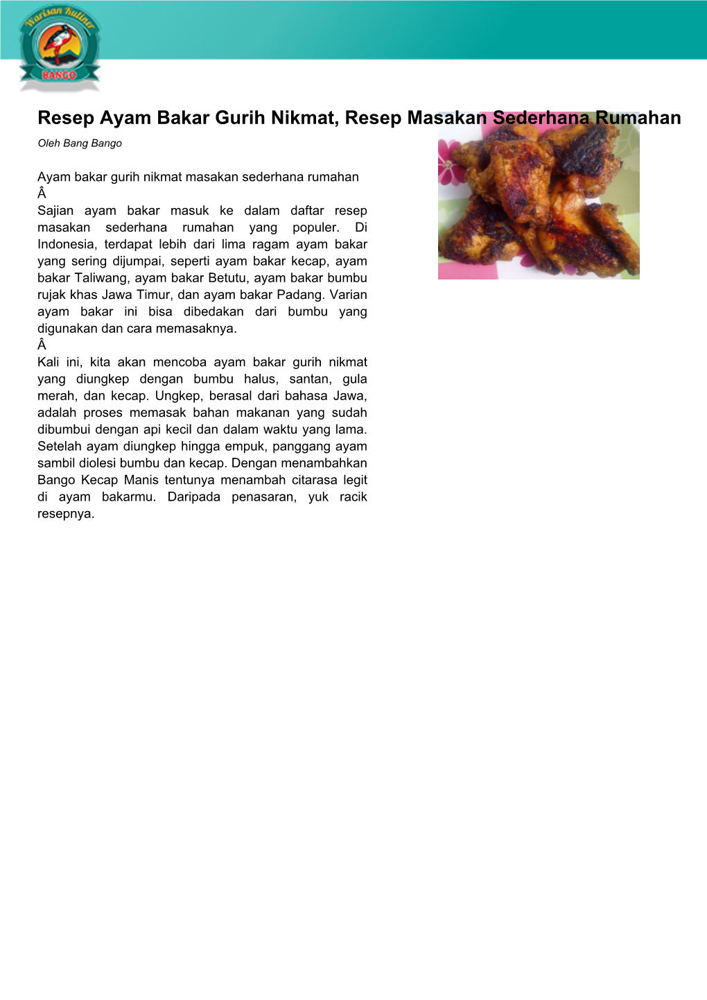 Resep Ayam Bakar Gurih Nikmat, Resep Masakan Sederhana Rumahan Oleh Bang Bango