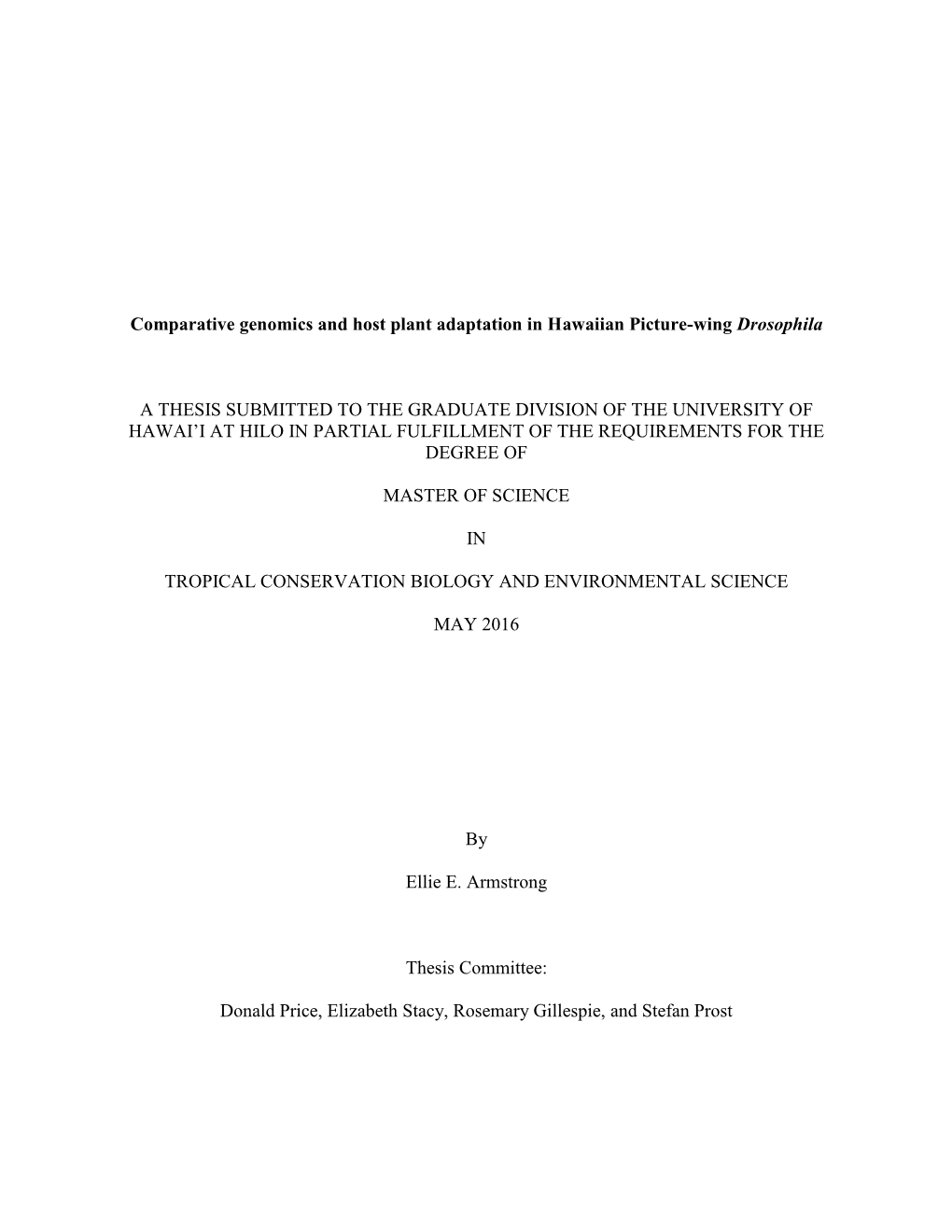 Comparative Genomics and Host Plant Adaptation in Hawaiian Picture-Wing Drosophila