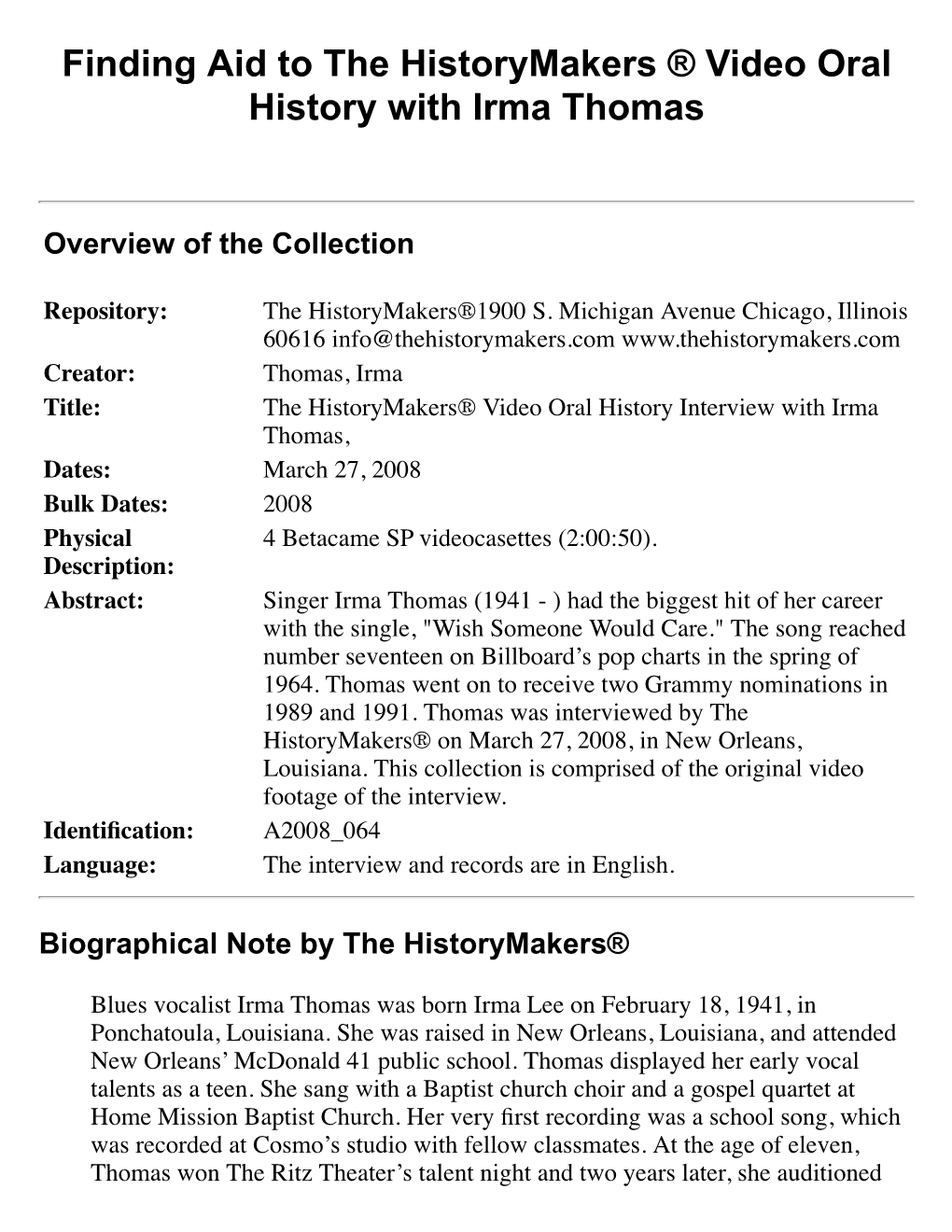 Finding Aid to the Historymakers ® Video Oral History with Irma Thomas