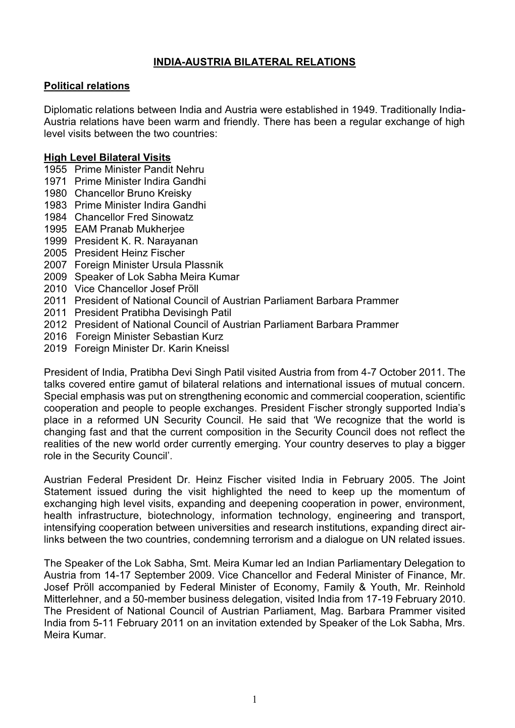 1 INDIA-AUSTRIA BILATERAL RELATIONS Political Relations