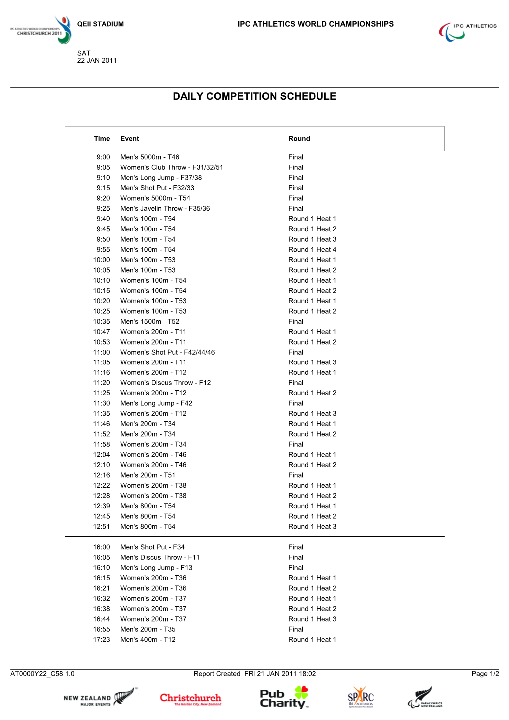 Daily Competition Schedule