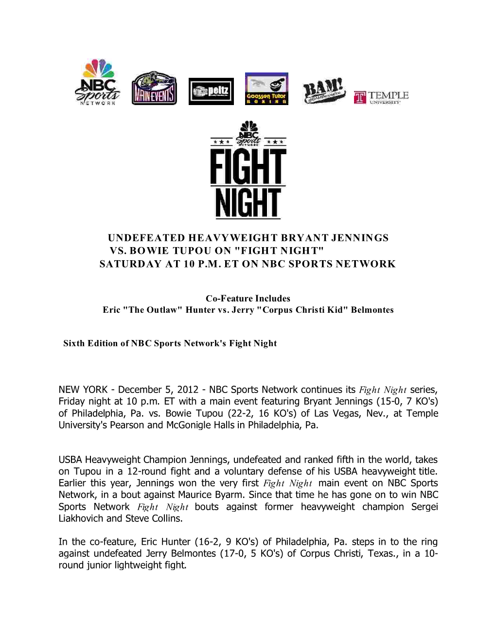 Undefeated Heavyweight Bryant Jennings Vs. Bowie Tupou on "Fight Night" Saturday at 10 P.M