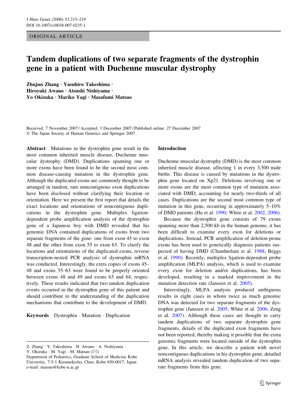 Tandem Duplications of Two Separate Fragments of the Dystrophin Gene in a Patient with Duchenne Muscular Dystrophy