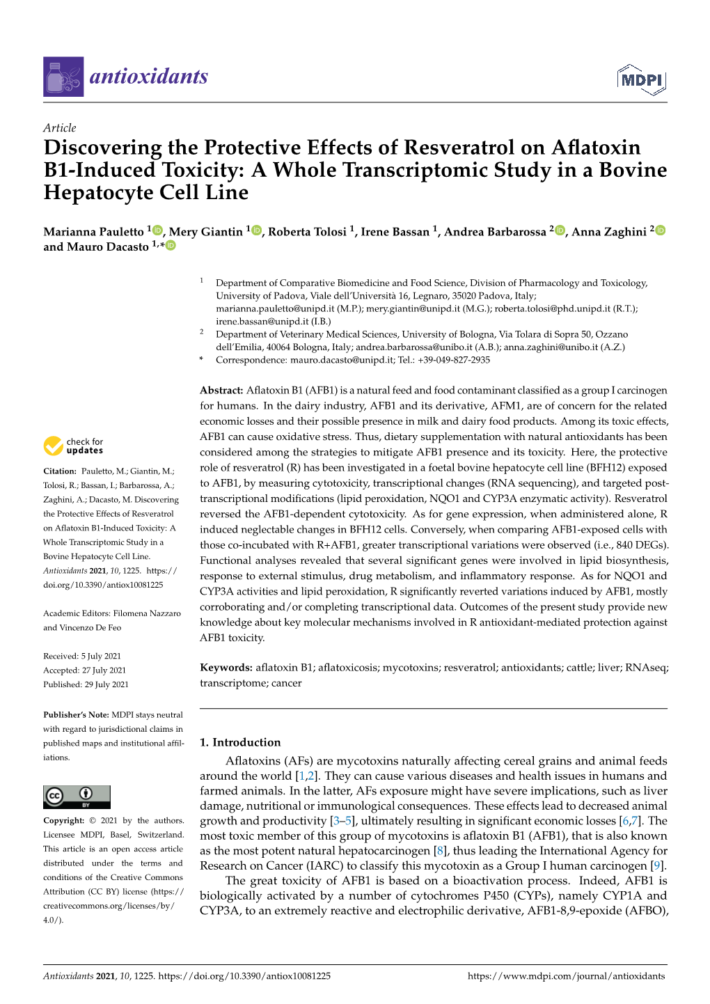 Discovering the Protective Effects of Resveratrol on Aflatoxin B1