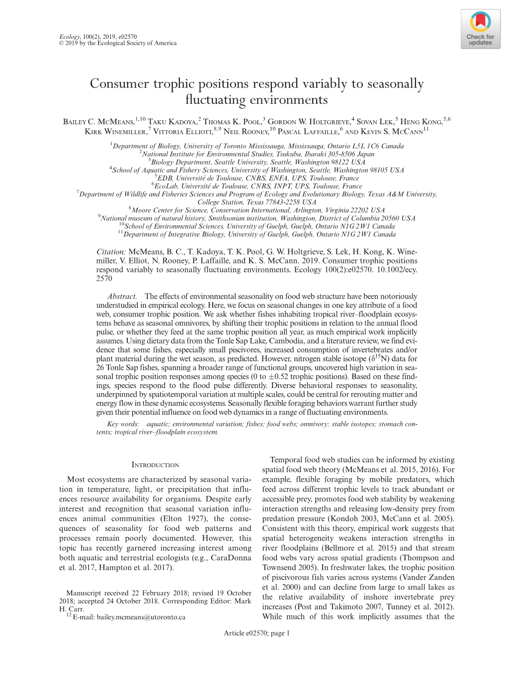 Consumer Trophic Positions Respond Variably to Seasonally Fluctuating Environments