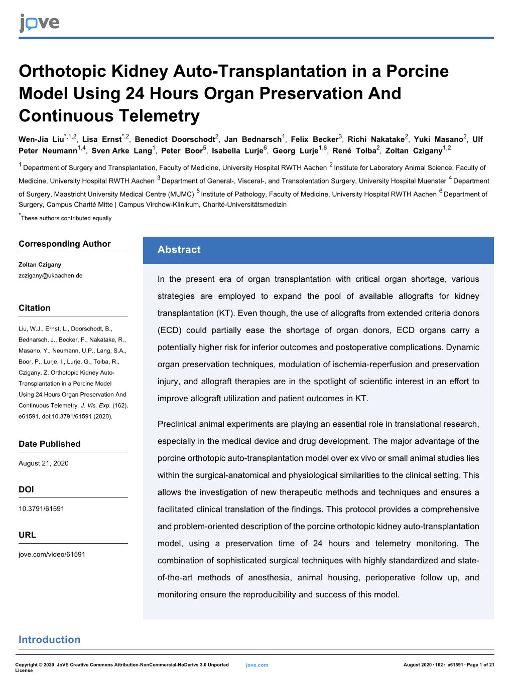 Orthotopic Kidney Auto-Transplantation in a Porcine Model Using 24 Hours Organ Preservation and Continuous Telemetry