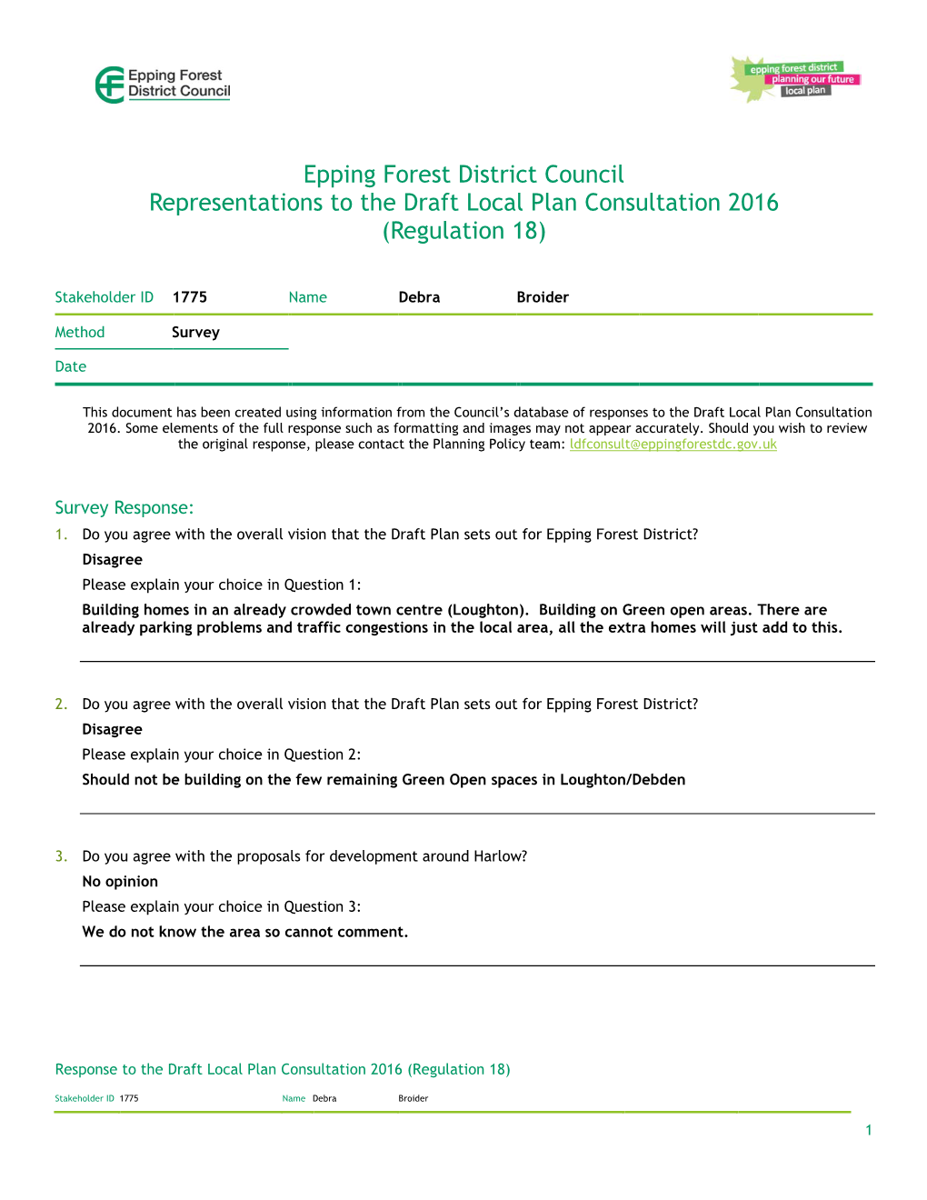 Epping Forest District Council Representations to the Draft Local Plan Consultation 2016 (Regulation 18)