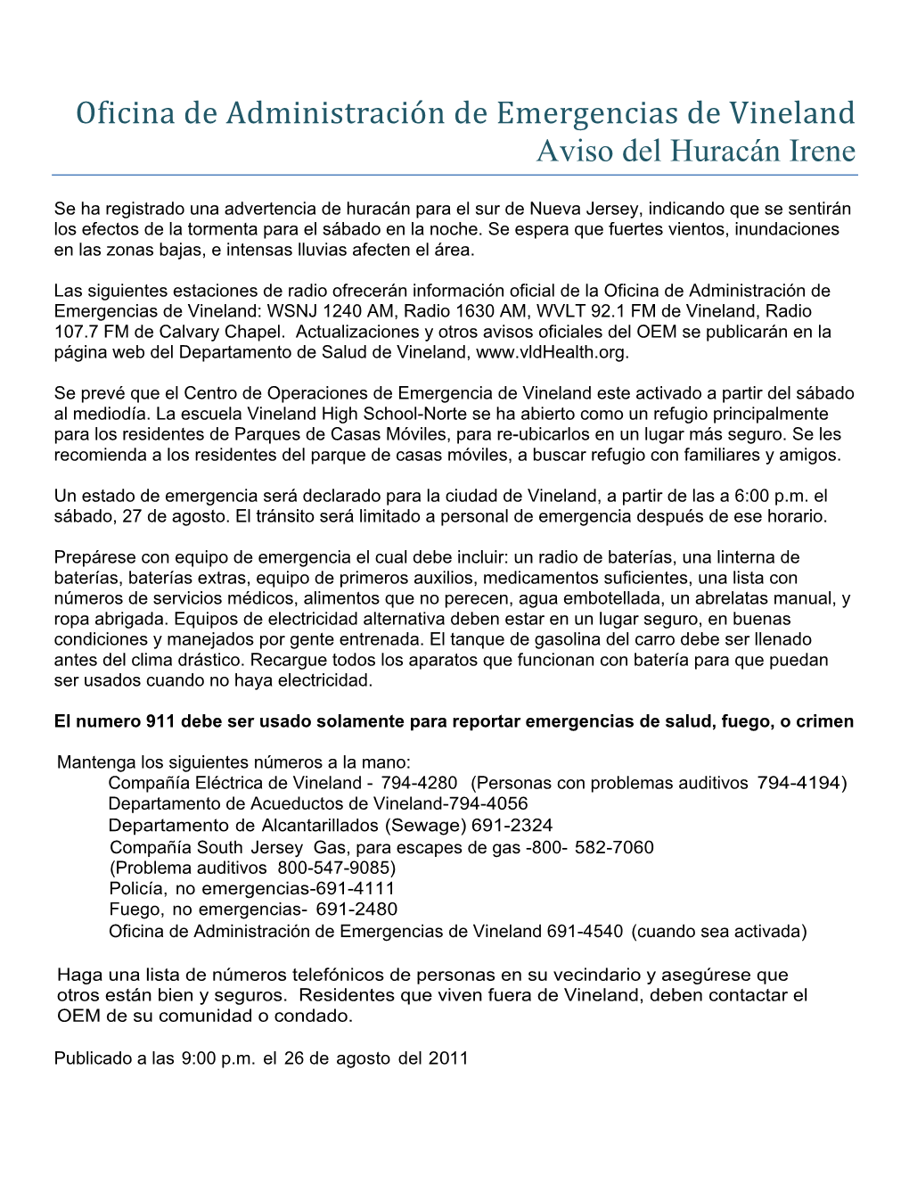 Oficina De Administración De Emergencias De Vineland Aviso Del Huracán Irene