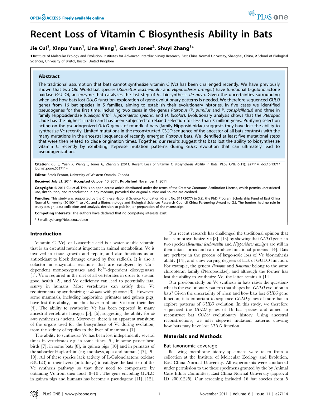 Recent Loss of Vitamin C Biosynthesis Ability in Bats