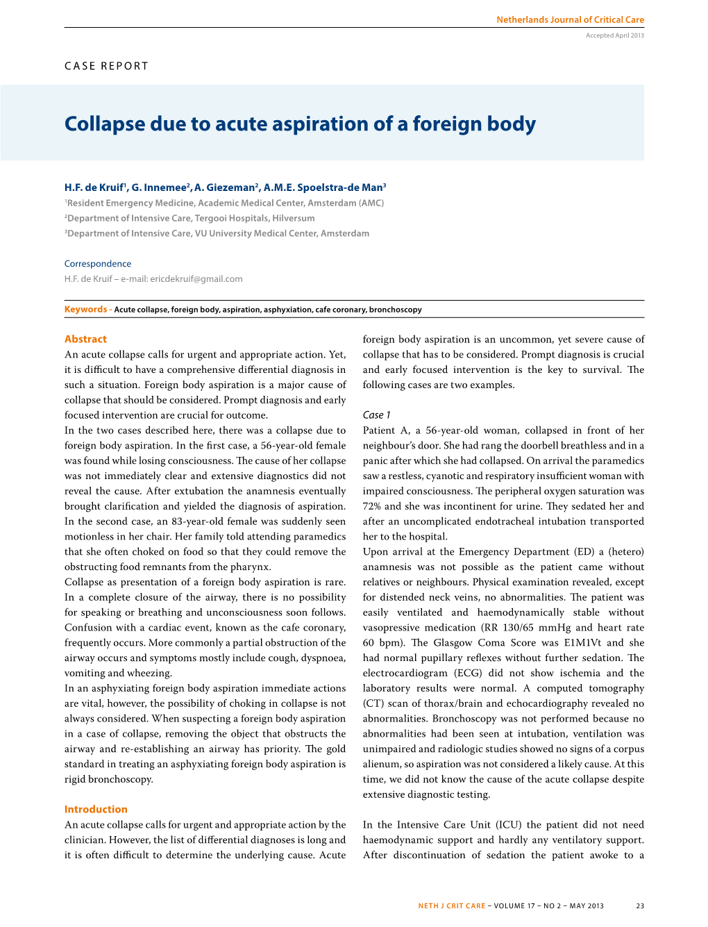 Collapse Due to Acute Aspiration of a Foreign Body