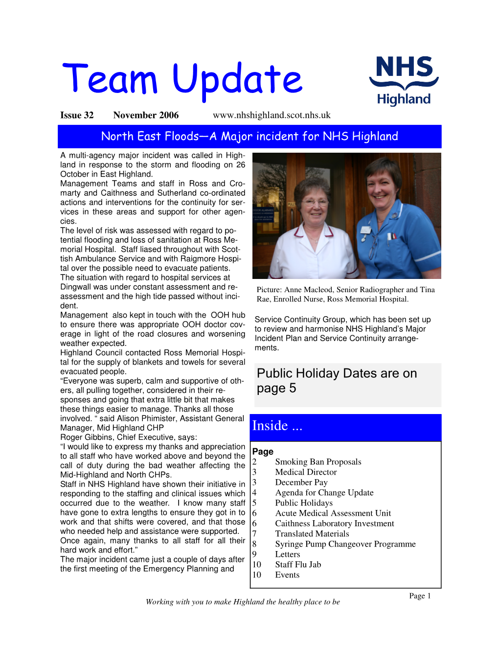 Team Update Issue 32 November 2006 N Orth East Floods—A M Ajor Incident for N H S H Ighland