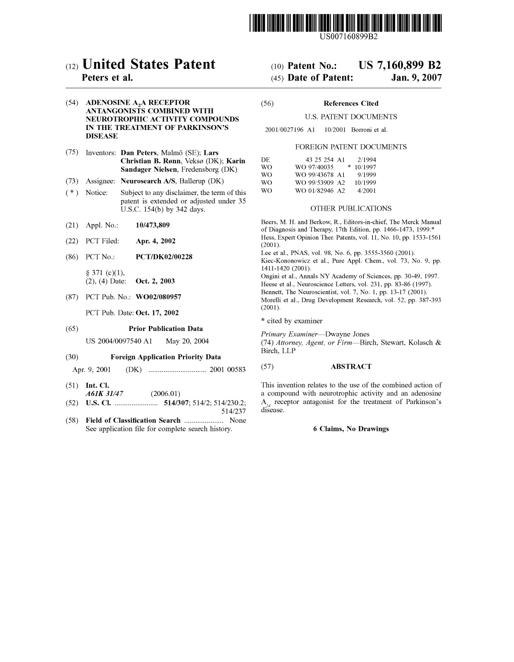 (12) United States Patent (10) Patent No.: US 7,160,899 B2 Peters Et Al