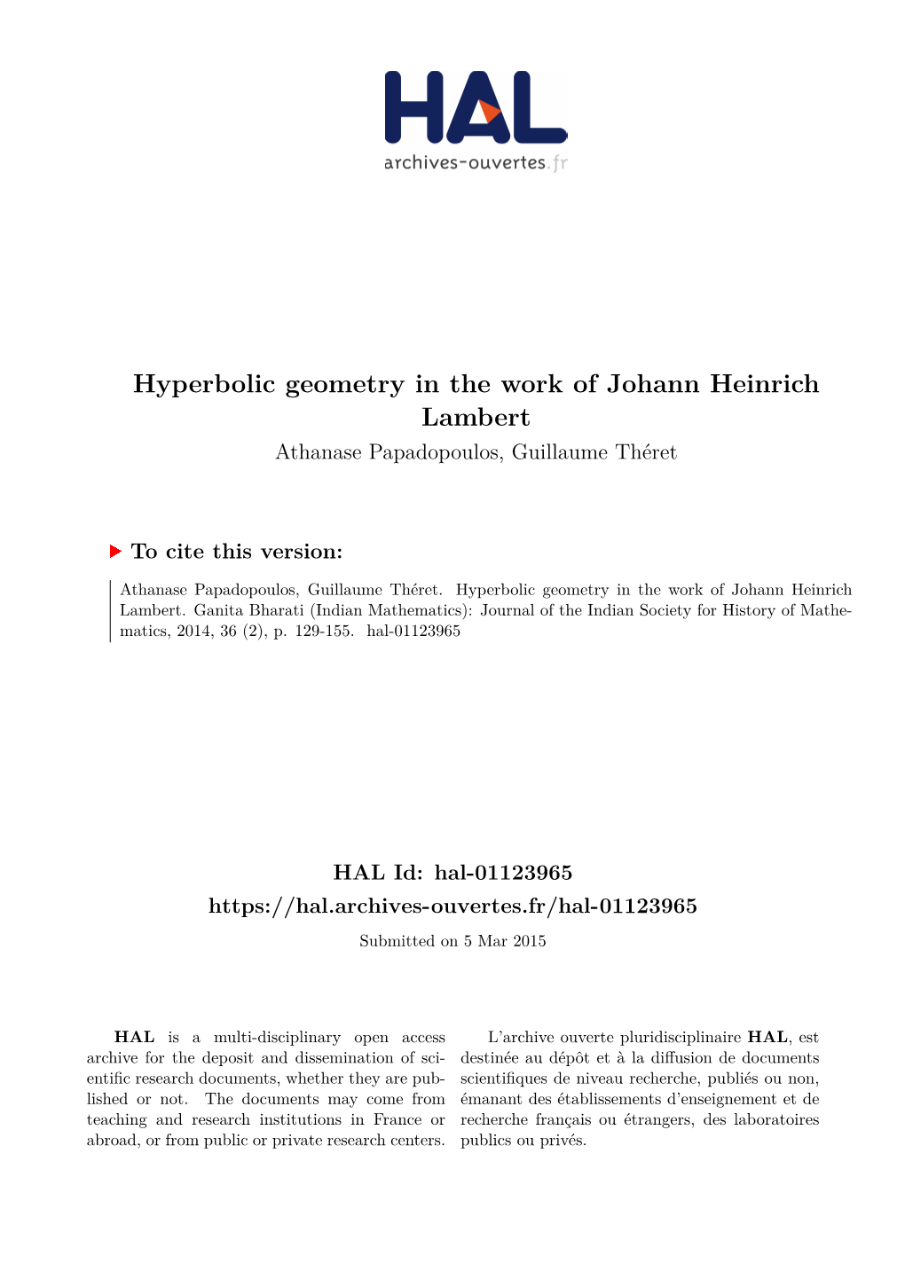 Hyperbolic Geometry in the Work of Johann Heinrich Lambert Athanase Papadopoulos, Guillaume Théret