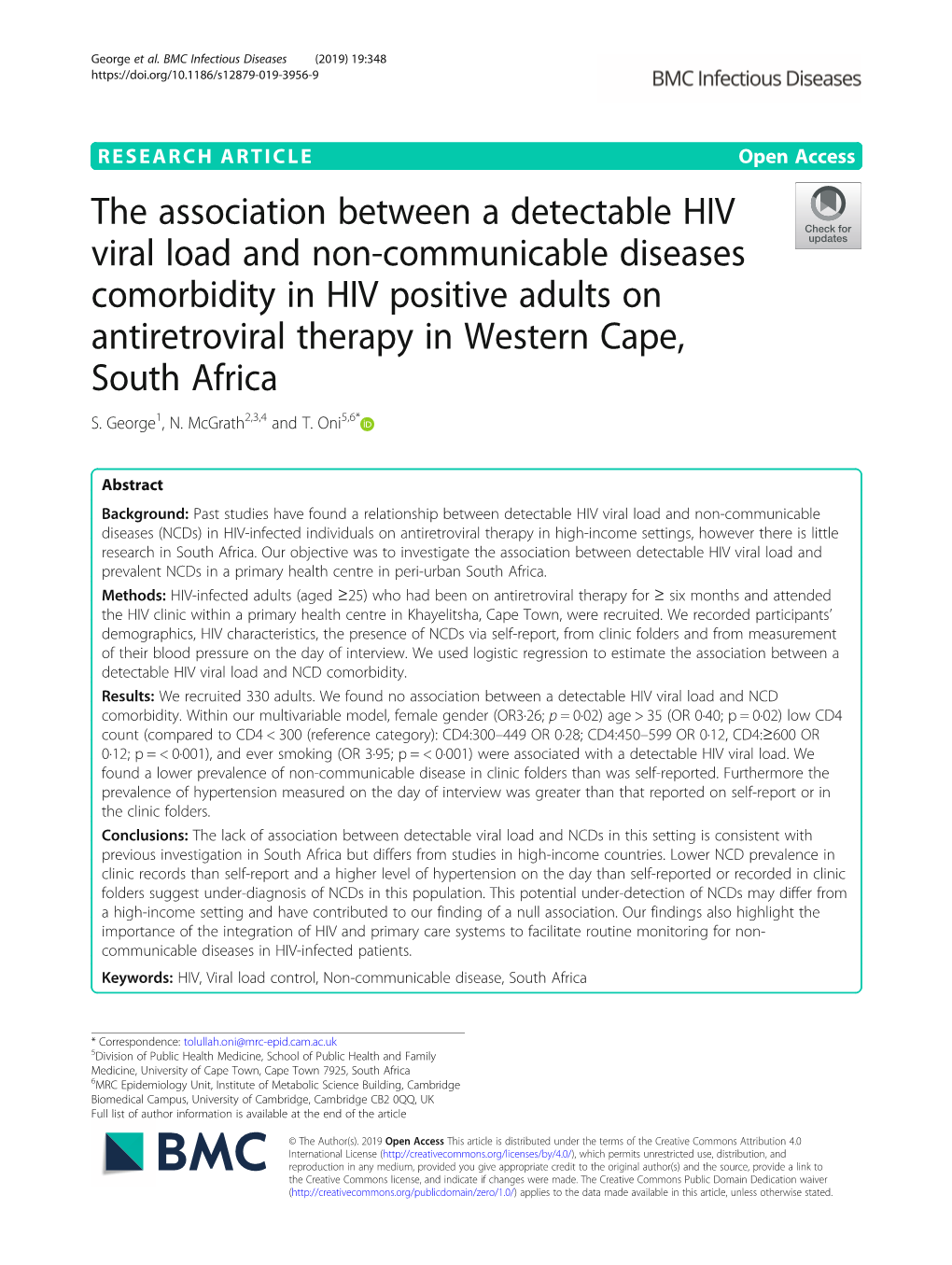 The Association Between a Detectable HIV Viral Load and Non-Communicable Diseases Comorbidity in HIV Positive Adults on Antiretr