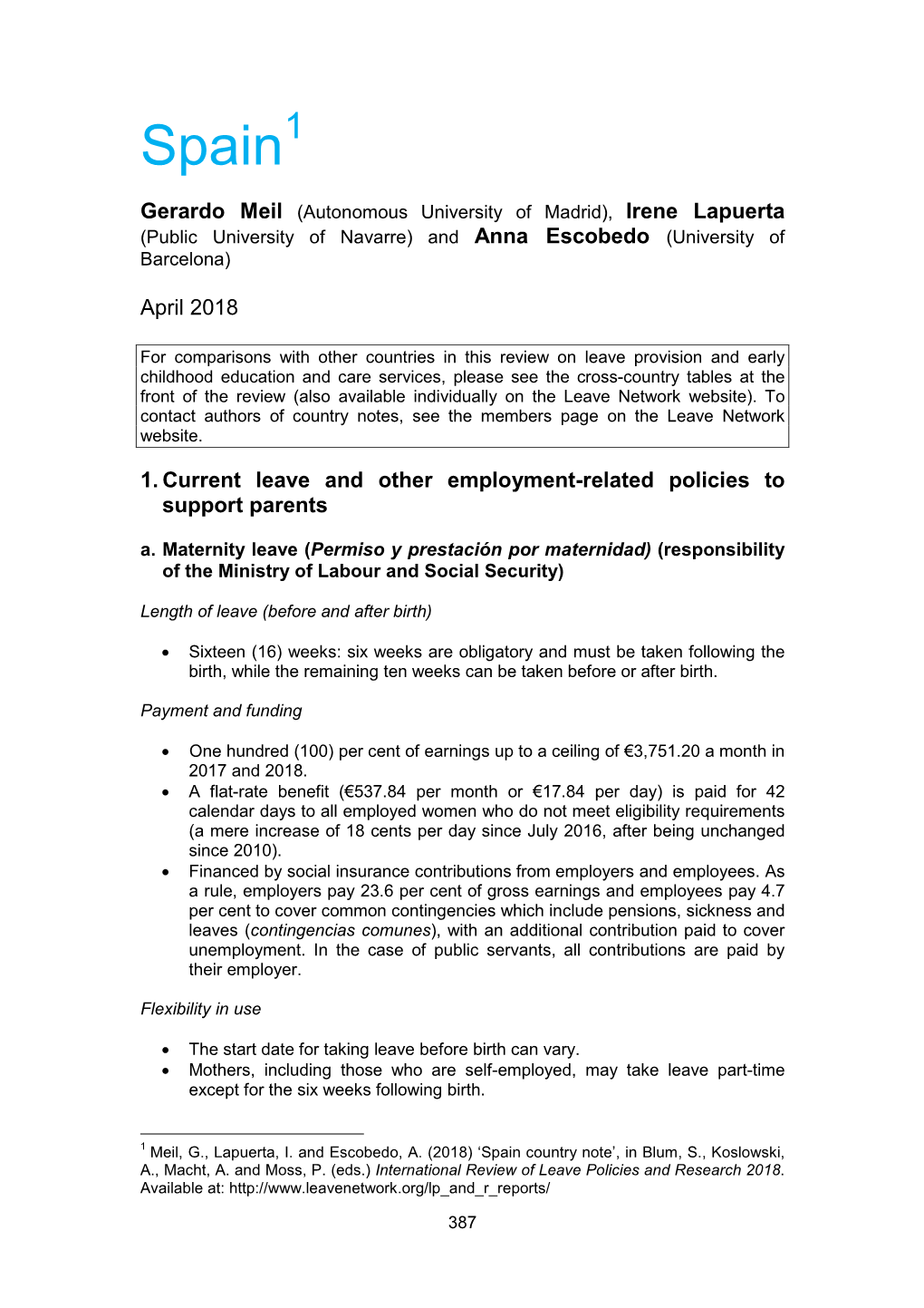 April 2018 1. Current Leave and Other Employment-Related Policies To