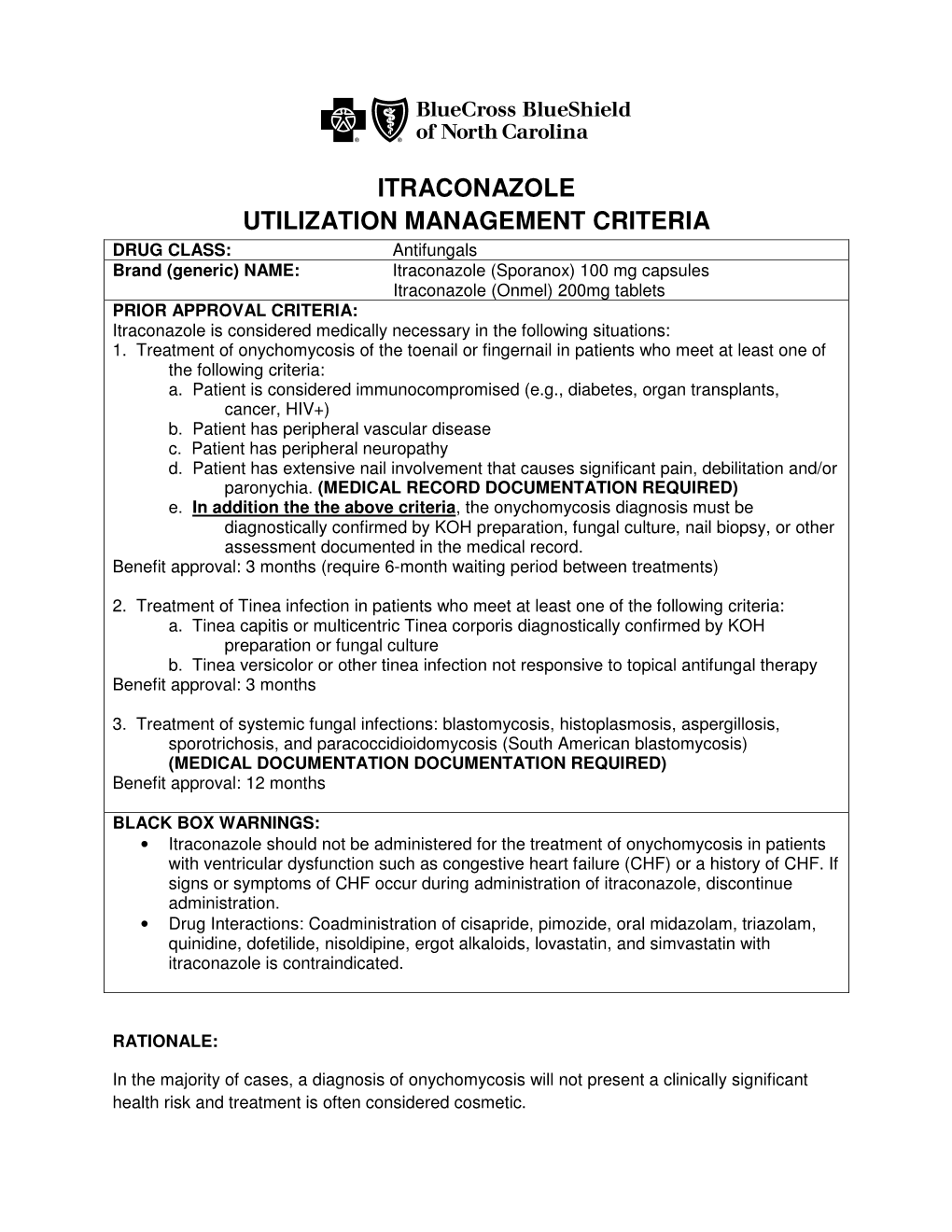 Itraconazole Utilization Management Criteria