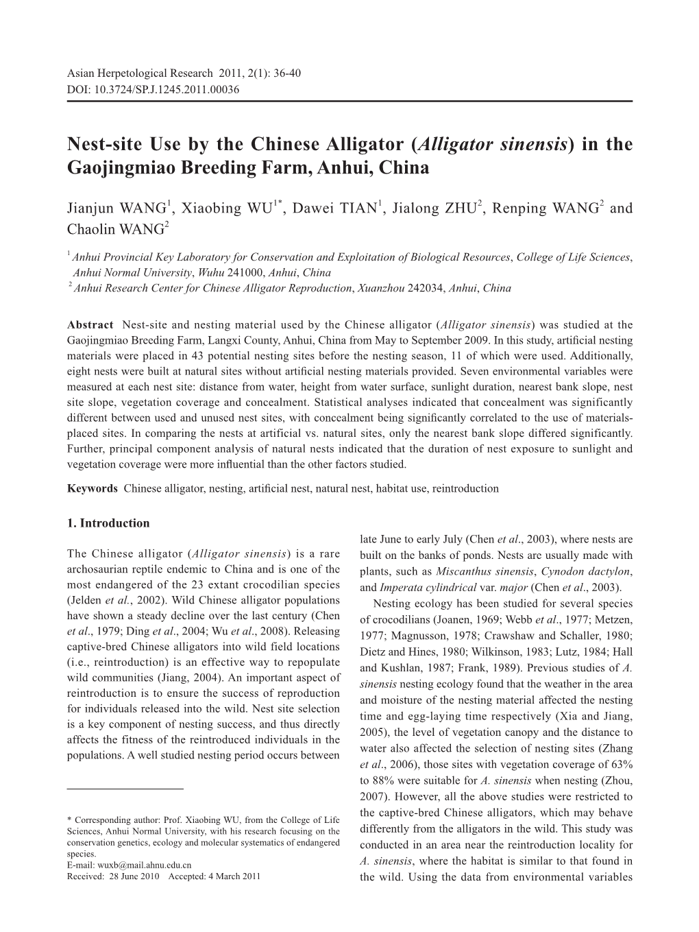 Nest-Site Use by the Chinese Alligator (Alligator Sinensis) in the Gaojingmiao Breeding Farm, Anhui, China