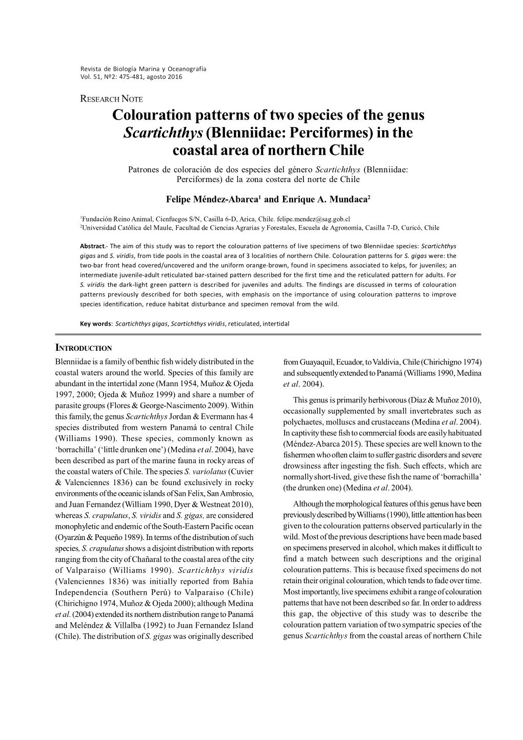 Colouration Patterns of Two Species of the Genus Scartichthys