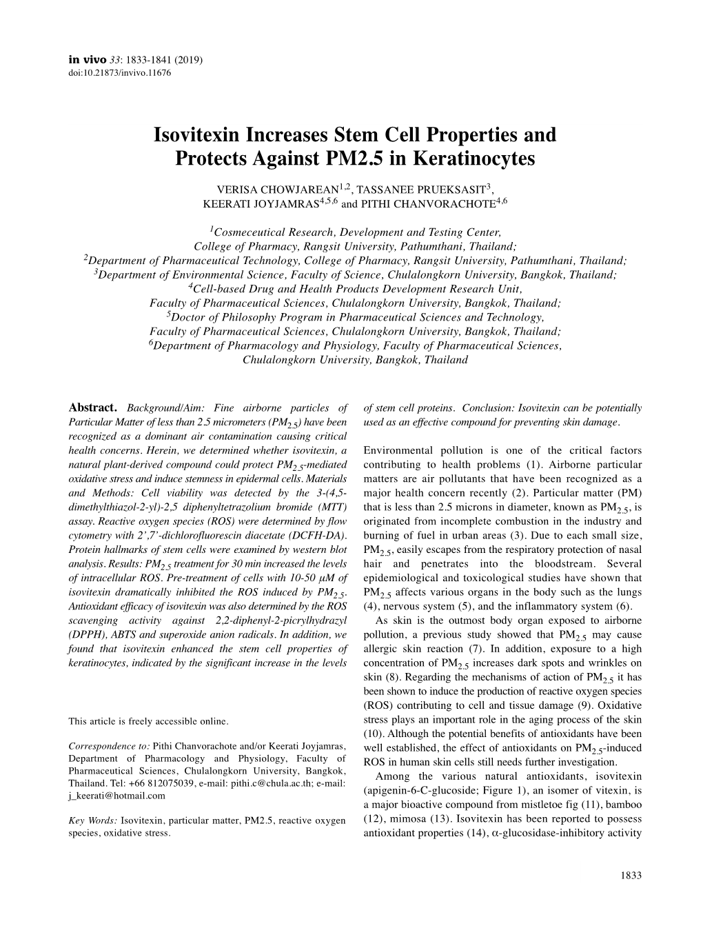 Isovitexin Increases Stem Cell Properties and Protects Against