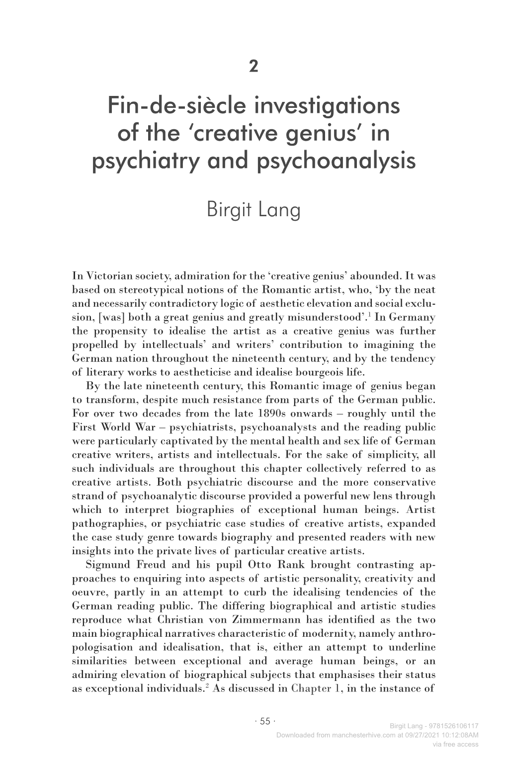 Fin-De-Siècle Investigations of the 'Creative Genius' in Psychiatry And