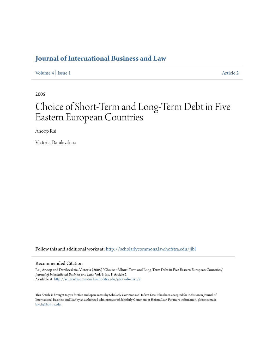 Choice of Short-Term and Long-Term Debt in Five Eastern European Countries Anoop Rai