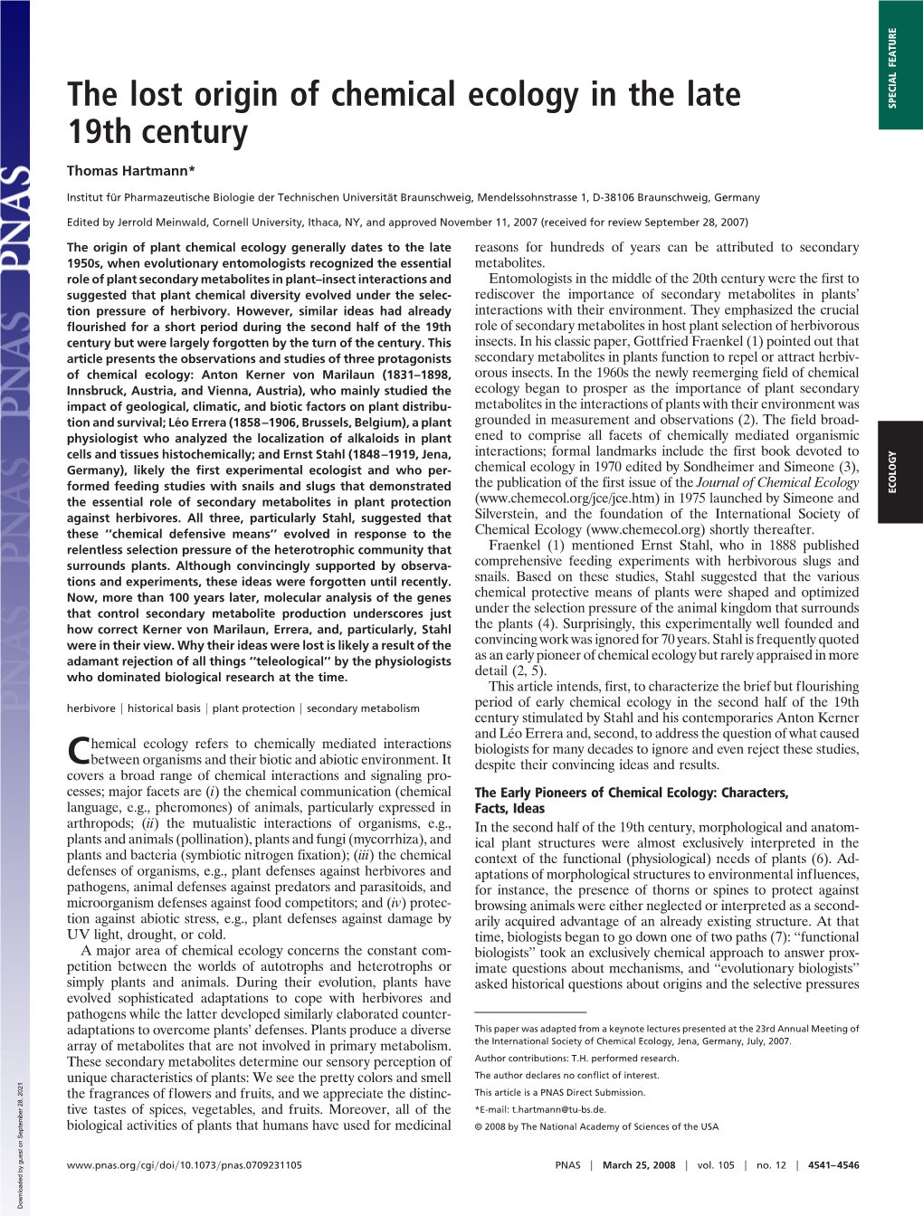 The Lost Origin of Chemical Ecology in the Late 19Th Century