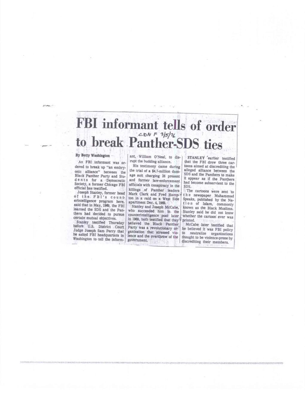FBI Informant Tells of Order to Break Panther-SDS Ties
