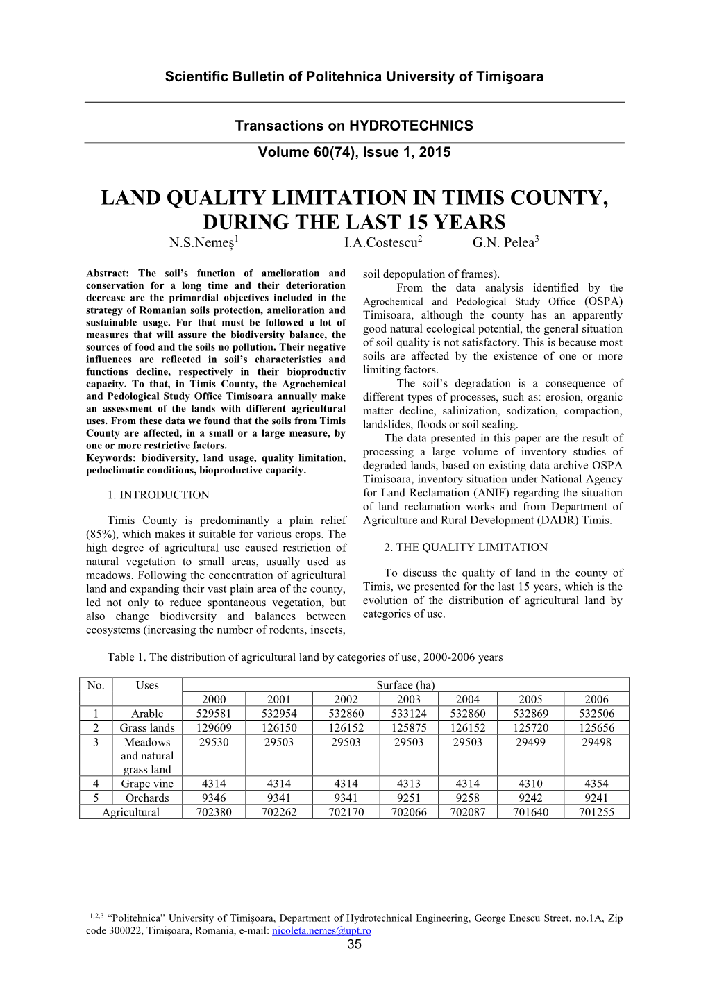 Nemeș, N.S., Costescu, I.A., Pelea, G.N., Land Quality Limitation In