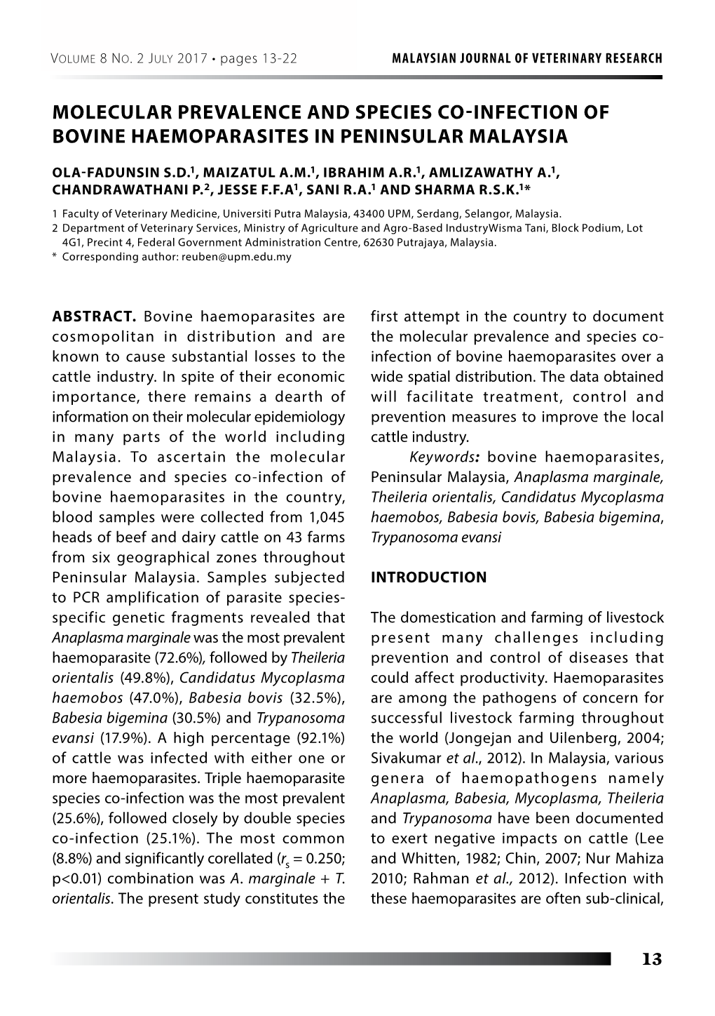 Molecular Prevalence and Species Co-Infection of Bovine Haemoparasites in Peninsular Malaysia