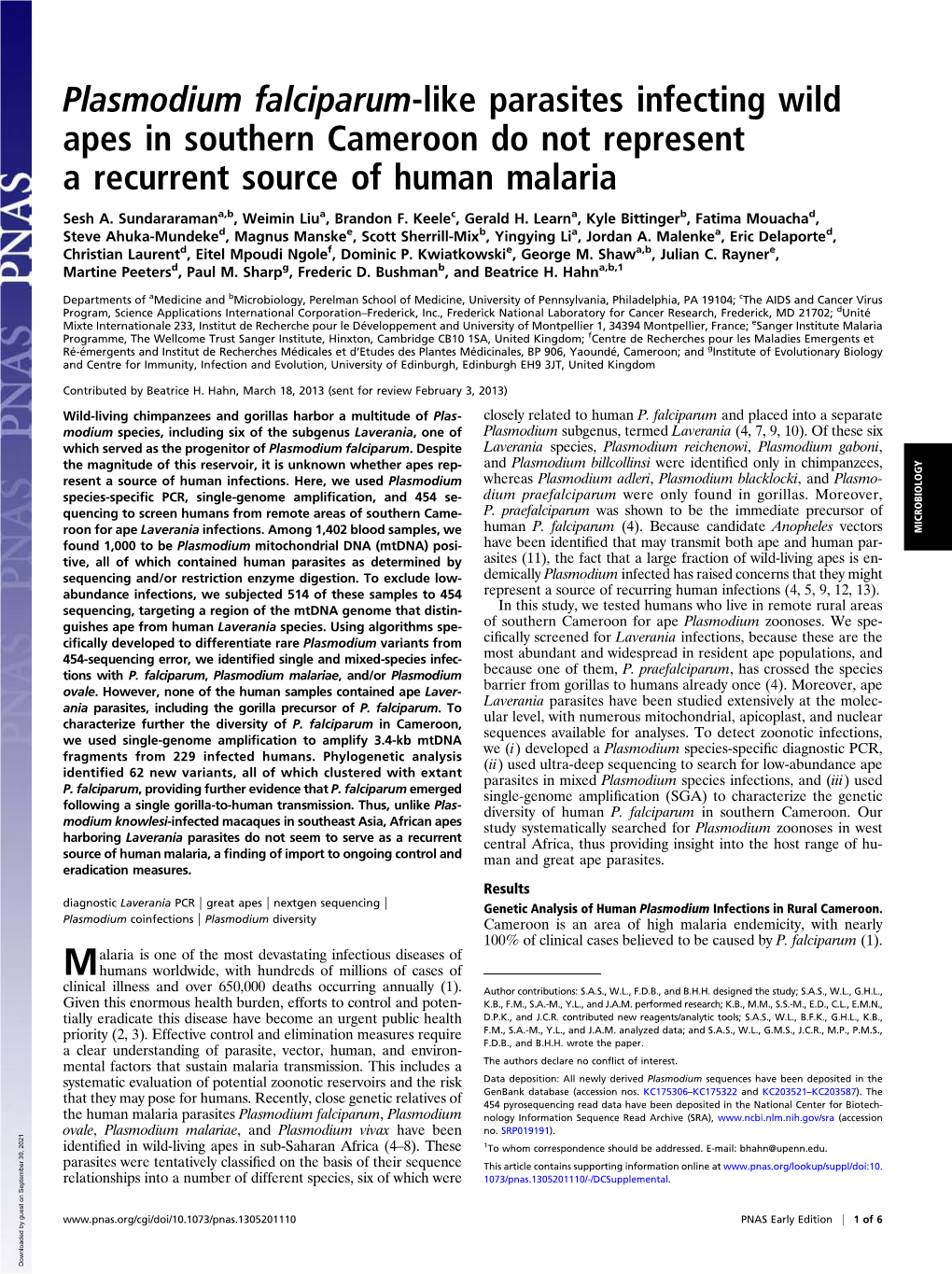 Plasmodium Falciparum-Like Parasites Infecting Wild Apes in Southern Cameroon Do Not Represent a Recurrent Source of Human Malaria