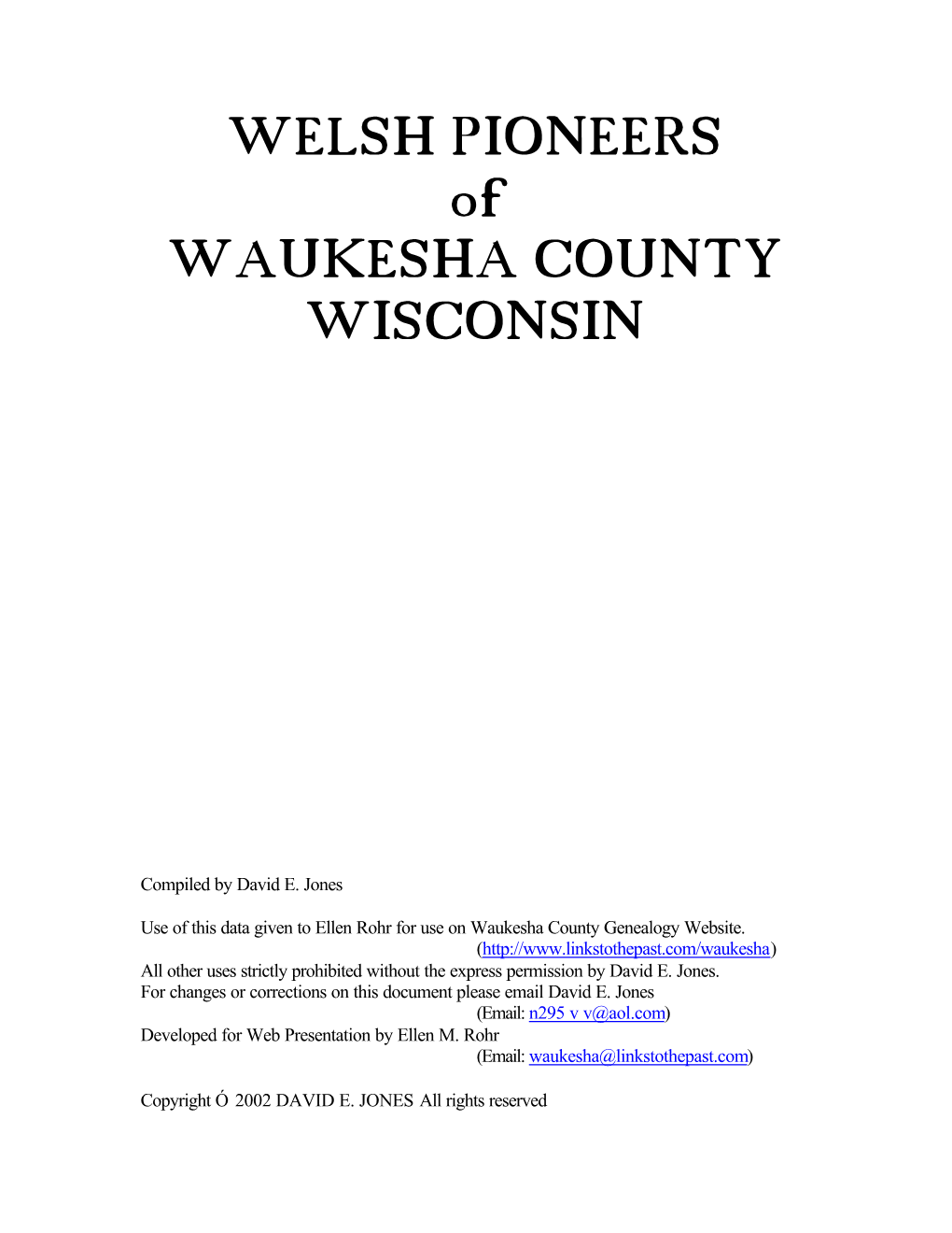 WELSH PIONEERS of WAUKESHA COUNTY WISCONSIN