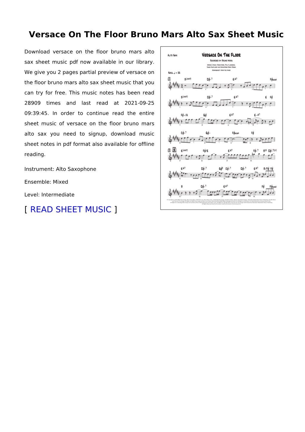 Versace on the Floor Bruno Mars Alto Sax Sheet Music