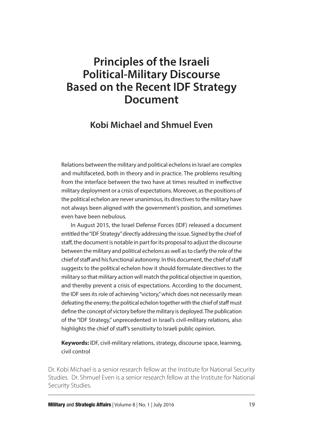 Principles of the Israeli Political-Military Discourse Based on the Recent IDF Strategy Document