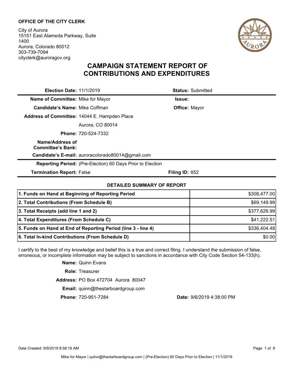 Campaign Statement Report of Contributions And