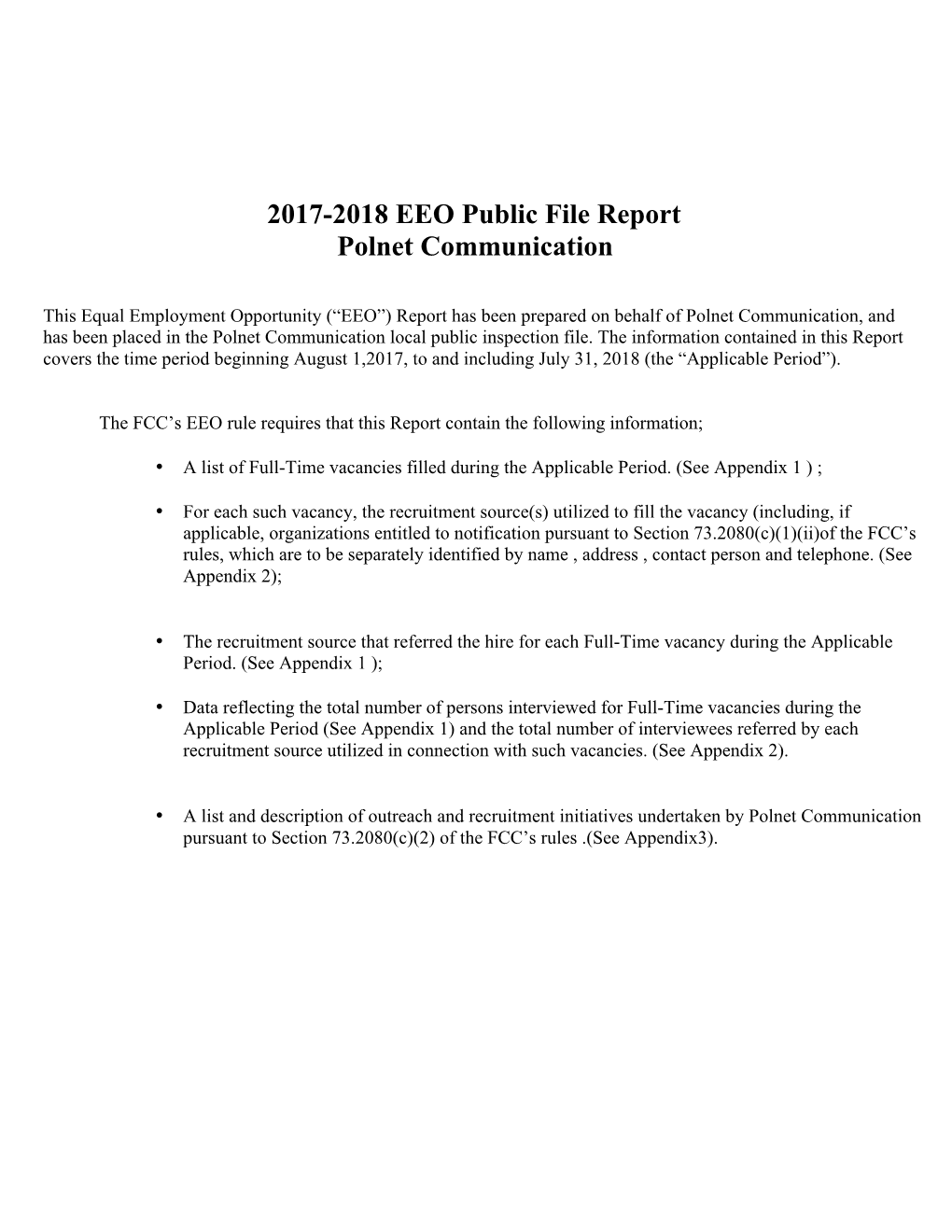 2017-2018 EEO Public File Report Polnet Communication