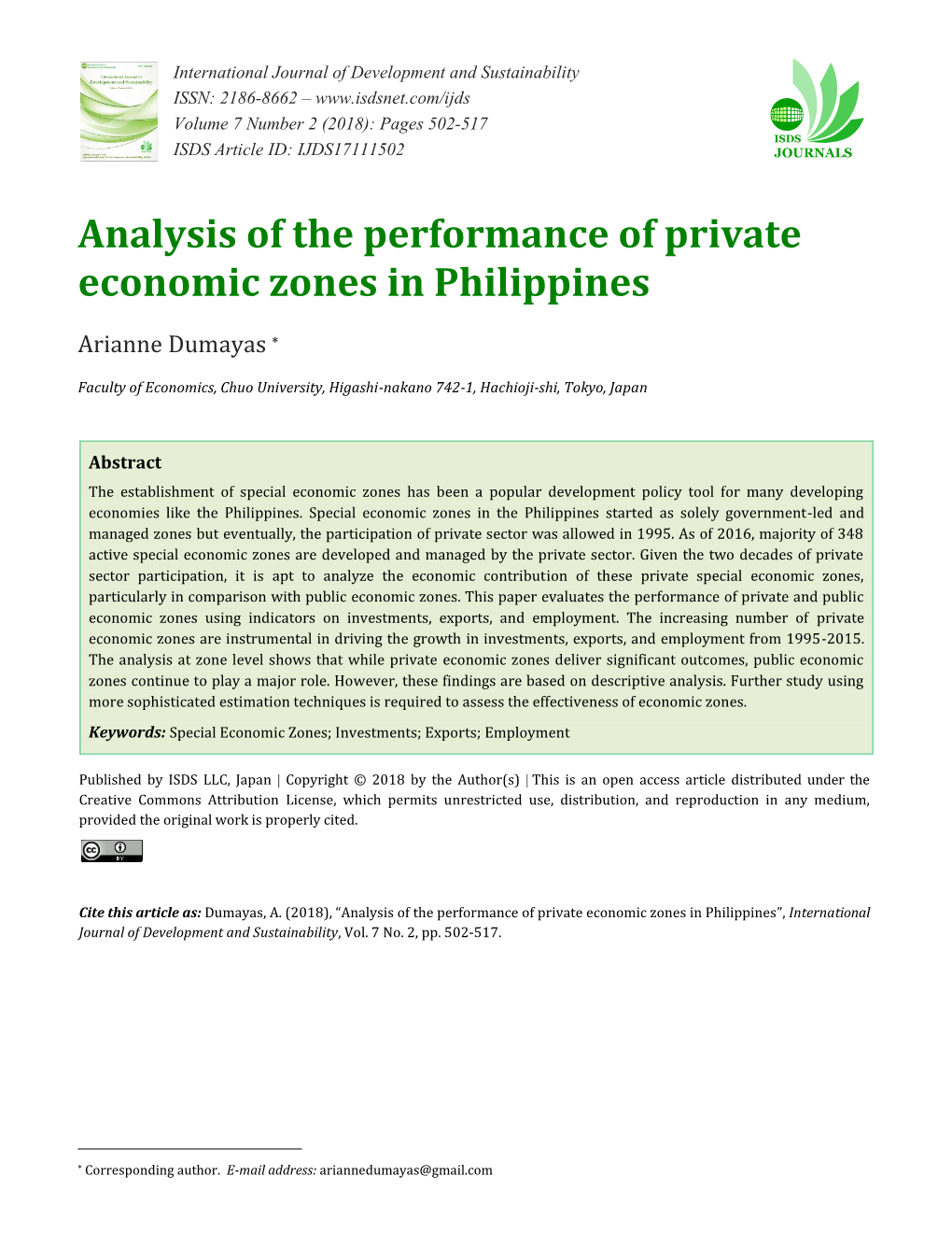 Analysis of the Performance of Private Economic Zones in Philippines