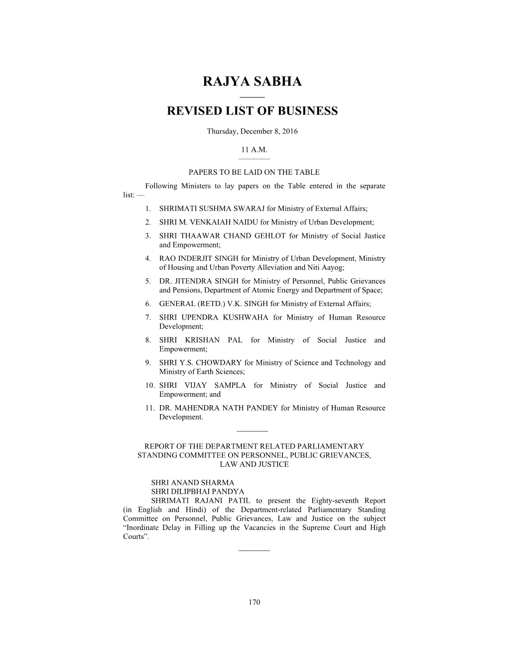 Rajya Sabha —— Revised List of Business