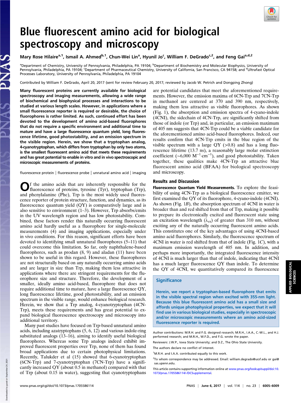 Blue Fluorescent Amino Acid for Biological Spectroscopy and Microscopy