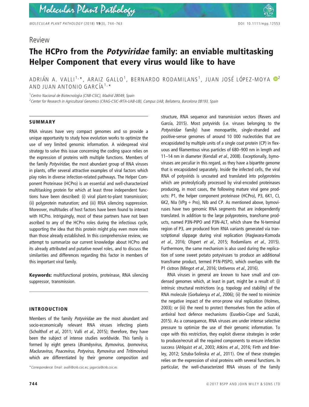 The Hcpro from the Potyviridae Family: an Enviable Multitasking Helper Component That Every Virus Would Like to Have