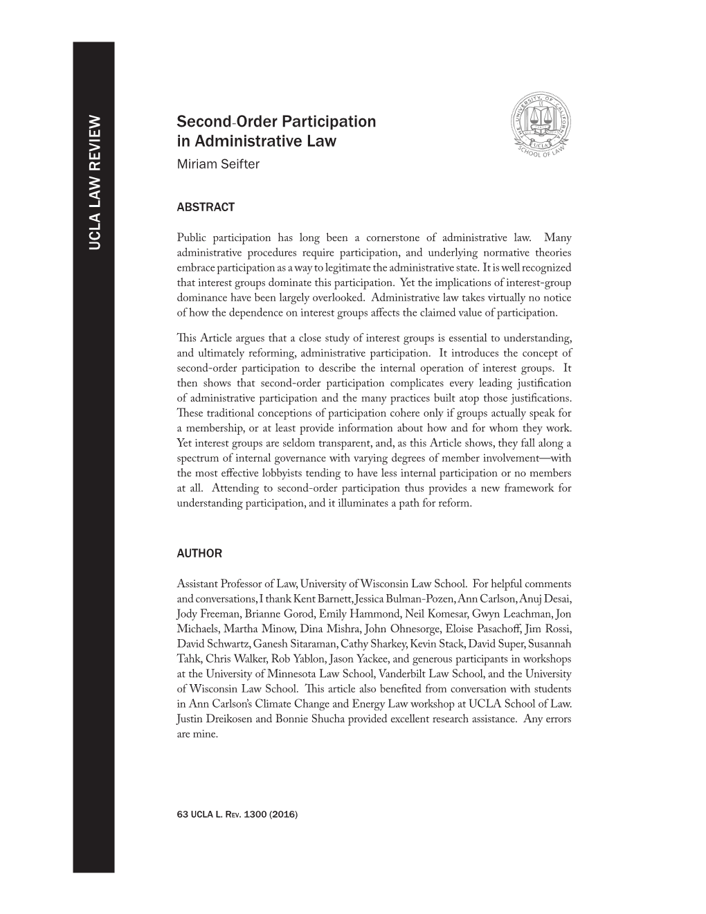 Second-Order Participation in Administrative Law Miriam Seifter