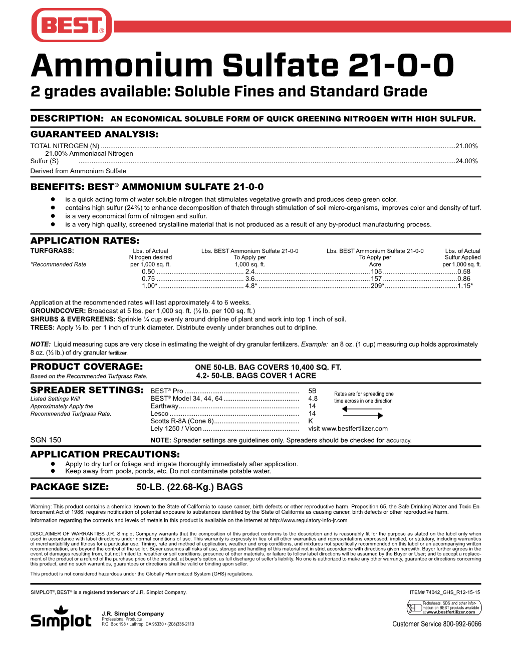 Ammonium Sulfate 21-0-0 2 Grades Available: Soluble Fines and Standard Grade