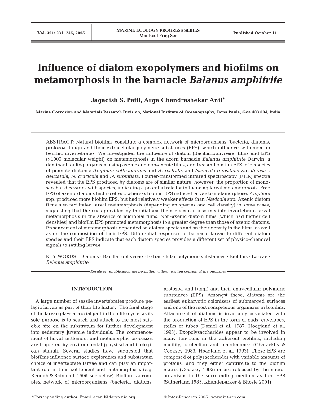 Influence of Diatom Exopolymers and Biofilms Onmetamorphosis in The