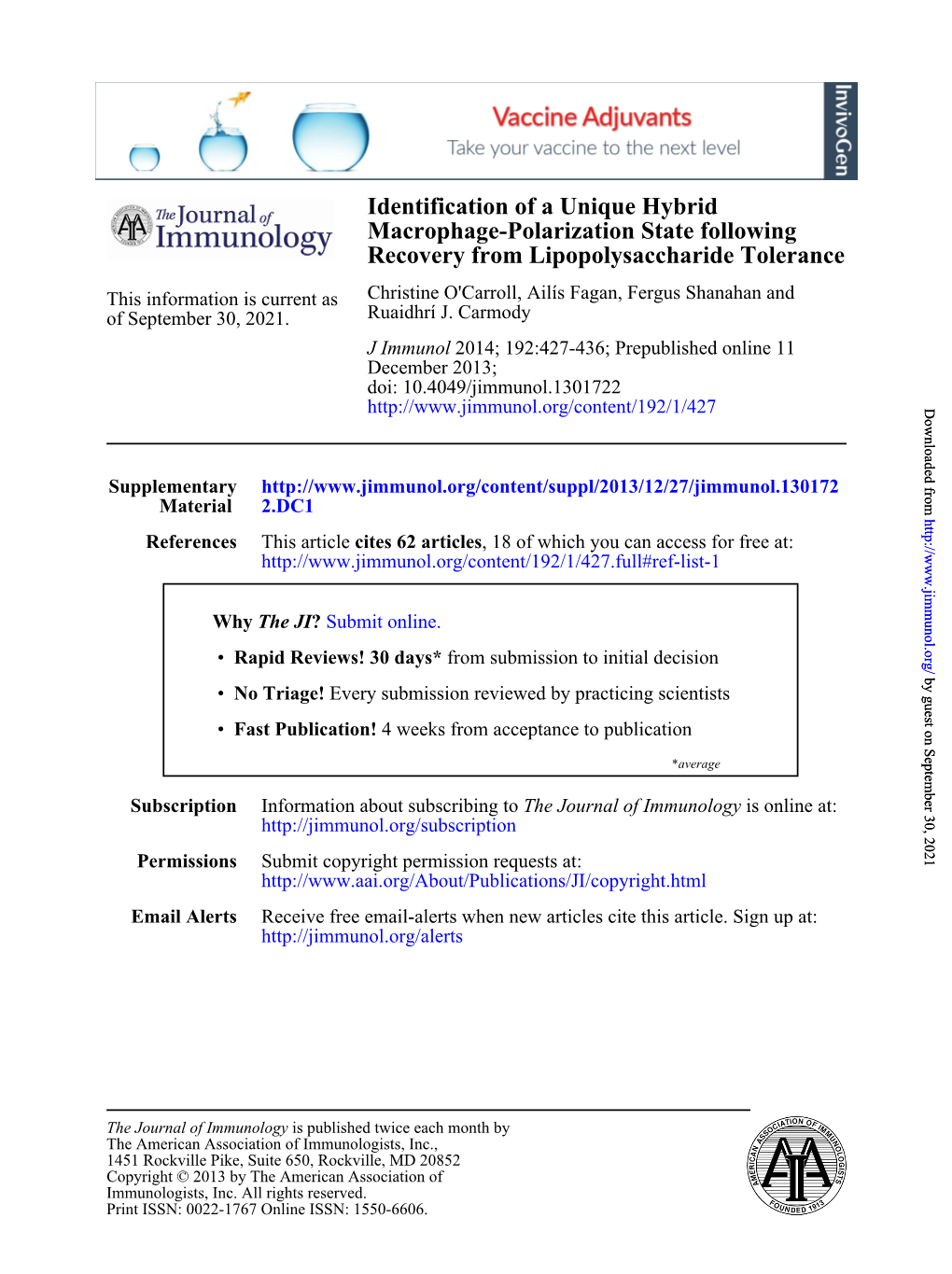 Recovery from Lipopolysaccharide Tolerance Macrophage