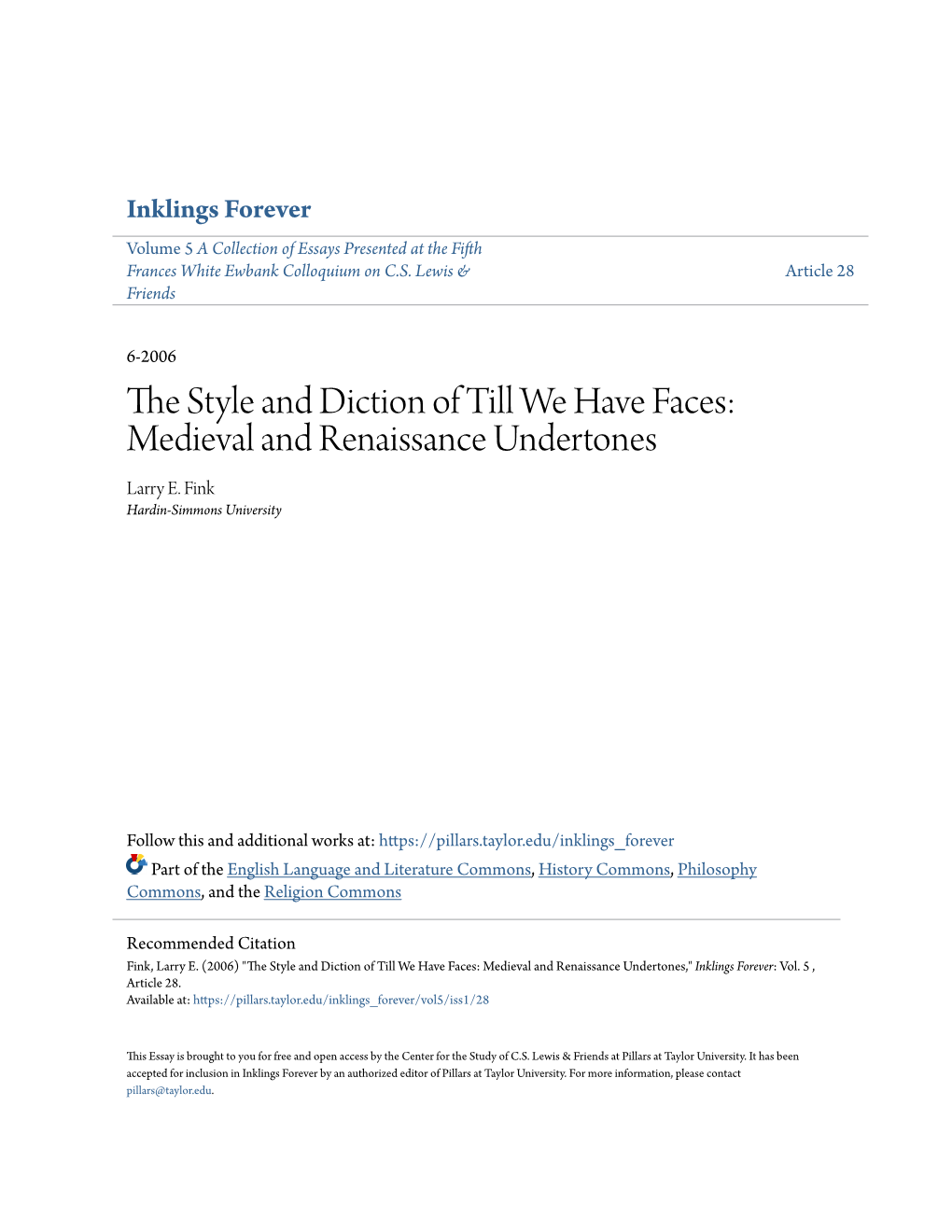 The Style and Diction of Till We Have Faces: Medieval and Renaissance Undertones