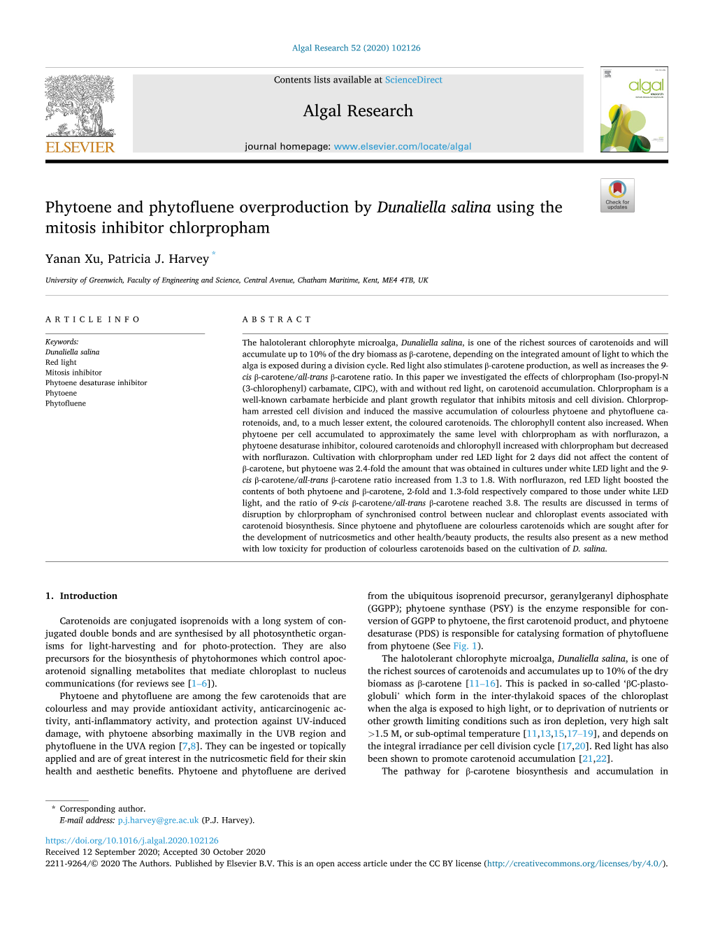 Phytoene and Phytofluene Overproduction by Dunaliella Salina Using the Mitosis Inhibitor Chlorpropham