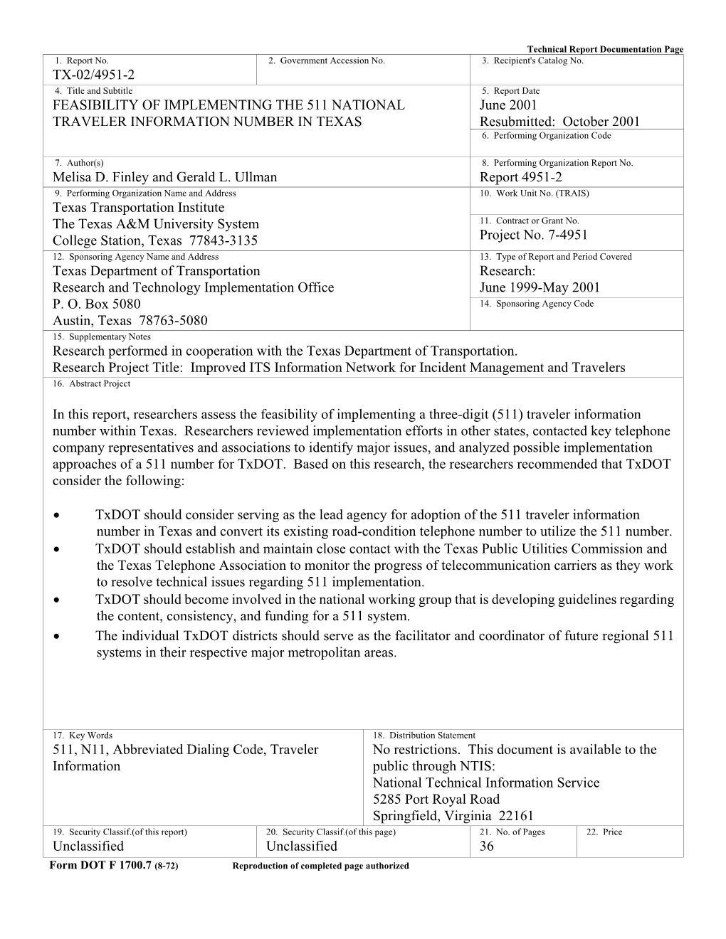 Feasibility of Implementing the 511 National Traveler Information Number in Texas