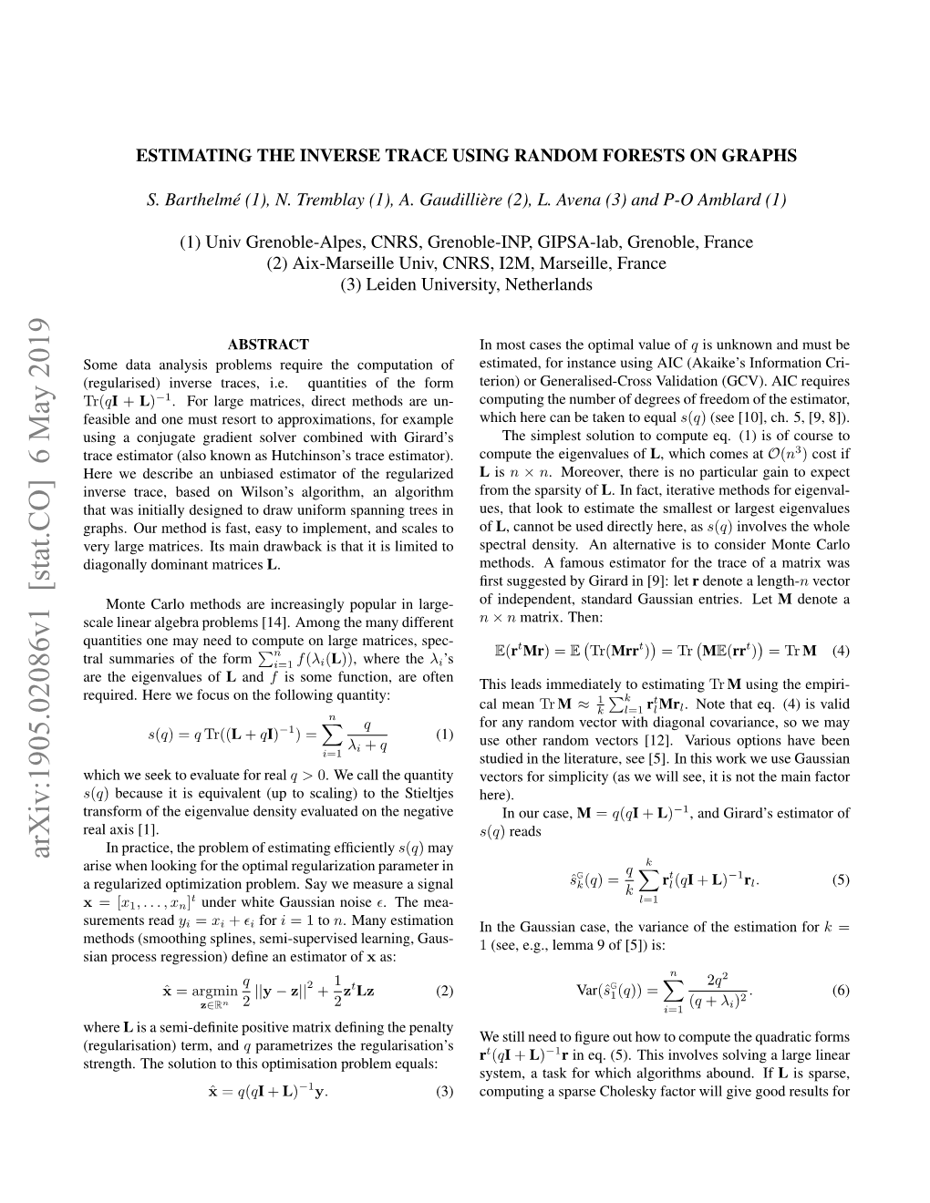 Arxiv:1905.02086V1 [Stat.CO] 6 May 2019 K Arise When Looking for the Optimal Regularization Parameter in Q X Sˆg(Q) = Rt(Qi + L)−1R