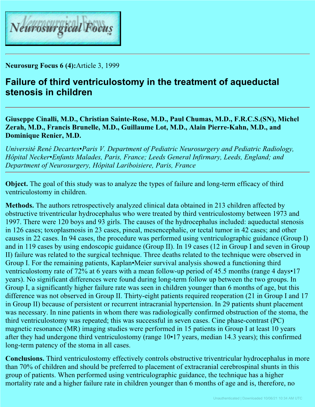 Failure of Third Ventriculostomy in the Treatment of Aqueductal Stenosis in Children