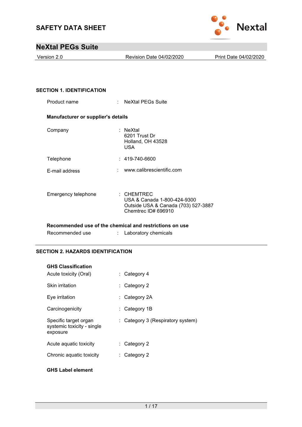 Nextal Pegs Suite MSDS