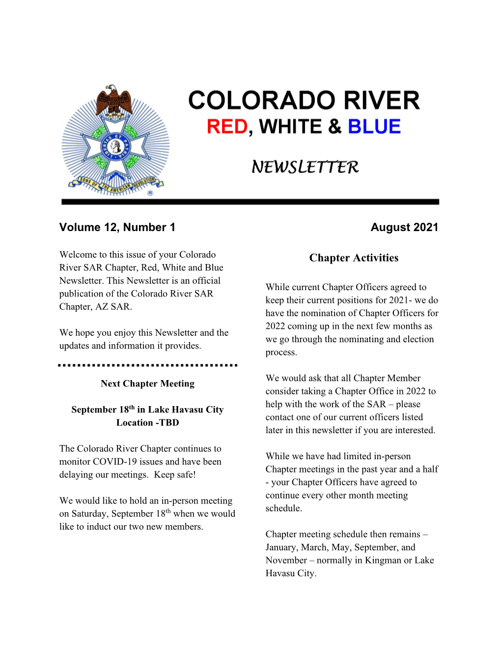 Volume 12, Number 1 August 2021 Chapter Activities